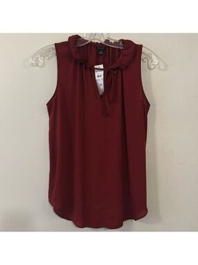 Ann Taylor Ruffle Tie Neck Flowy Sleeveless Burgundy Blouse